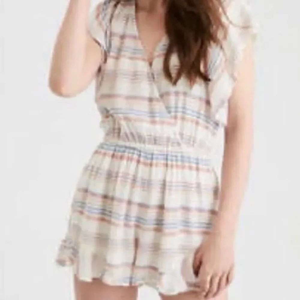 American Eagle Striped Ruffled Romper Lined Blue Pink NEW